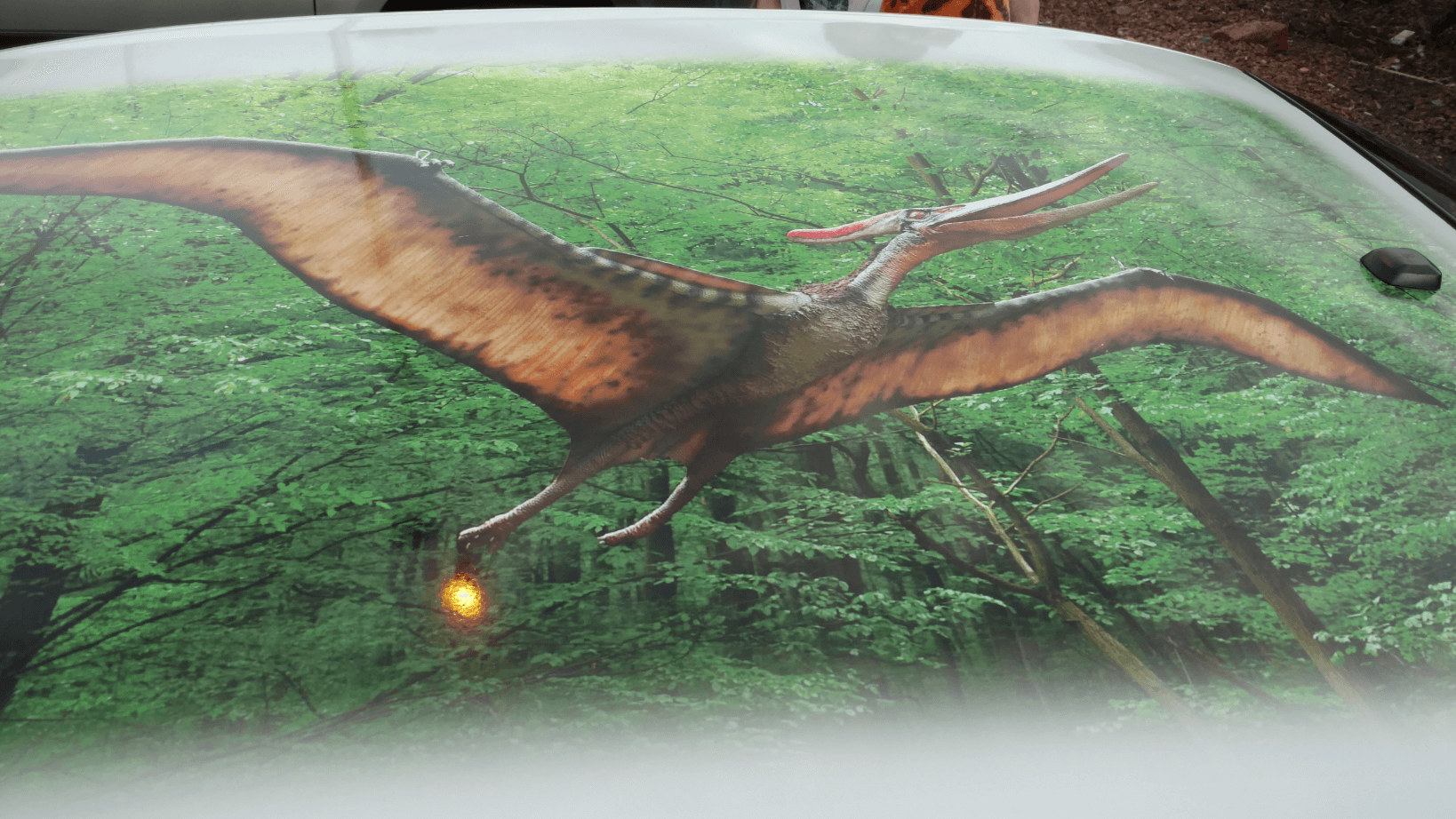 the dinosaur man sitting in his fully wrapped decorated car covered with jungle and dinosaurs