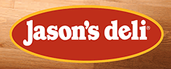 The words Jason's Deli, written in white on a red oval background, outlined in yellow.